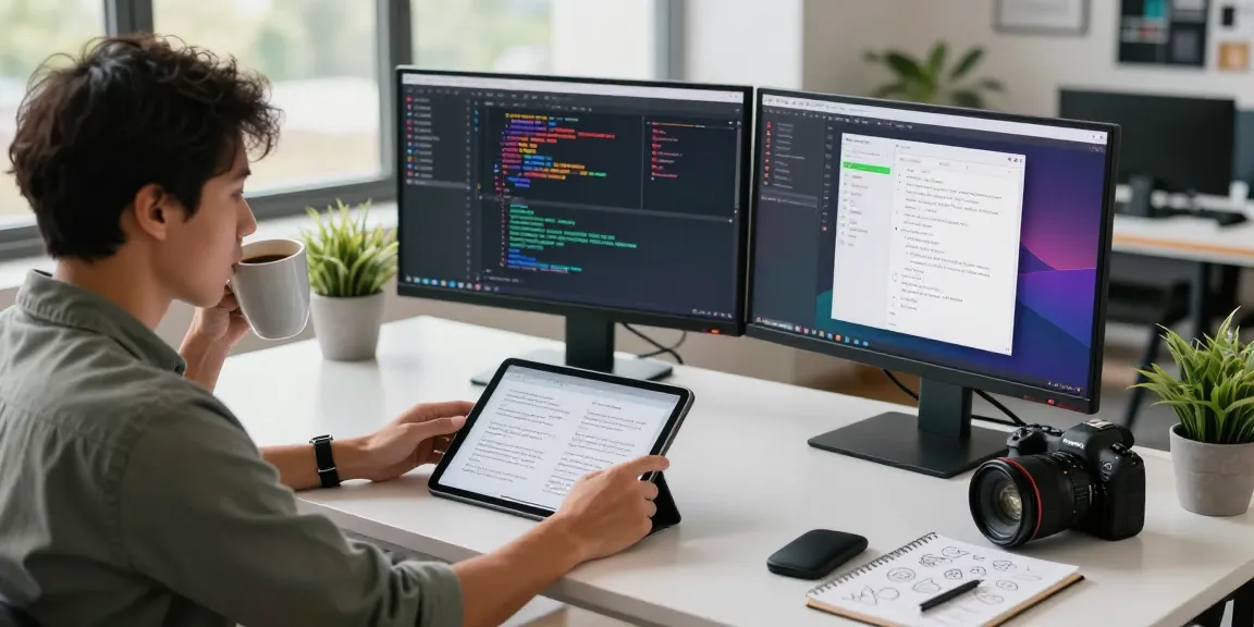 纸飞机下载 in a modern tech workspace with a developer coding on dual monitors, showcasing innovation and productivity.