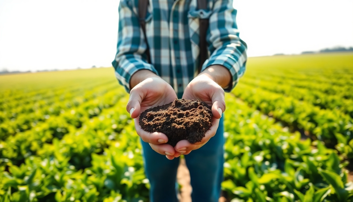 Explore agriculture law with a farmer analyzing soil quality in a lush field.