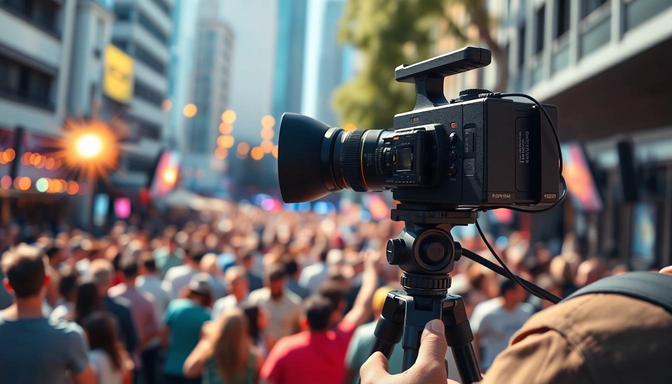 Videographer capturing vibrant event moments with a camera outdoors.