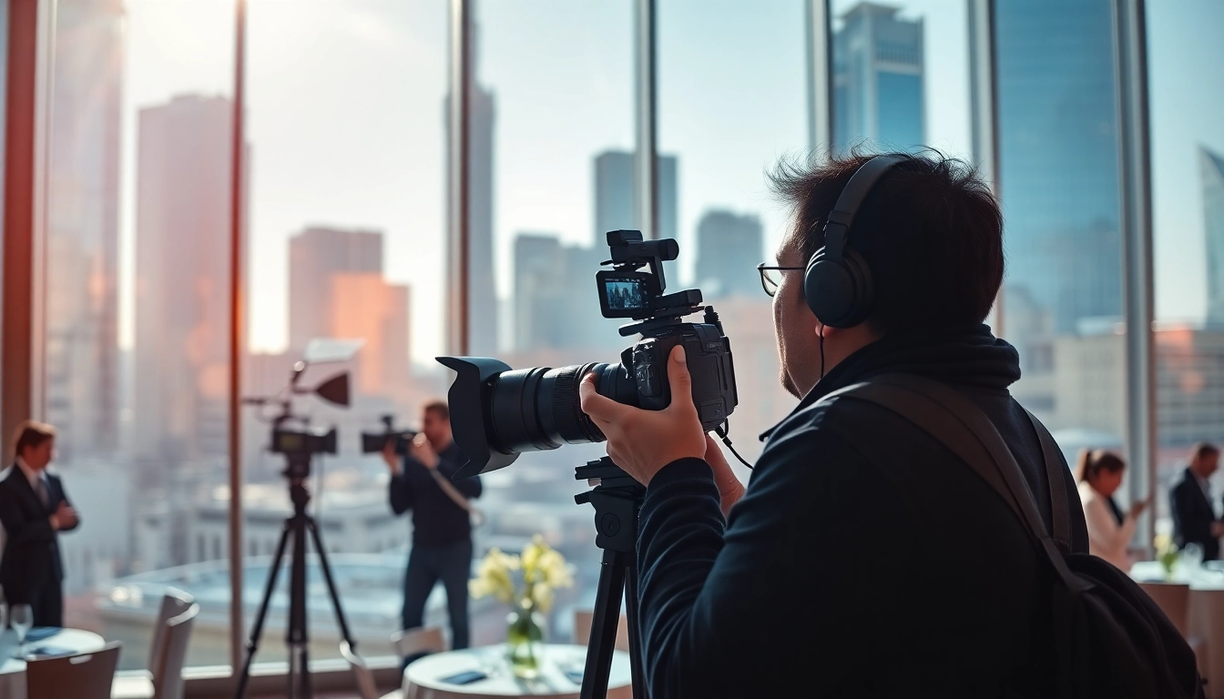 Capture of Commercial videography toronto showcasing a professional videographer at a corporate event in an urban setting.