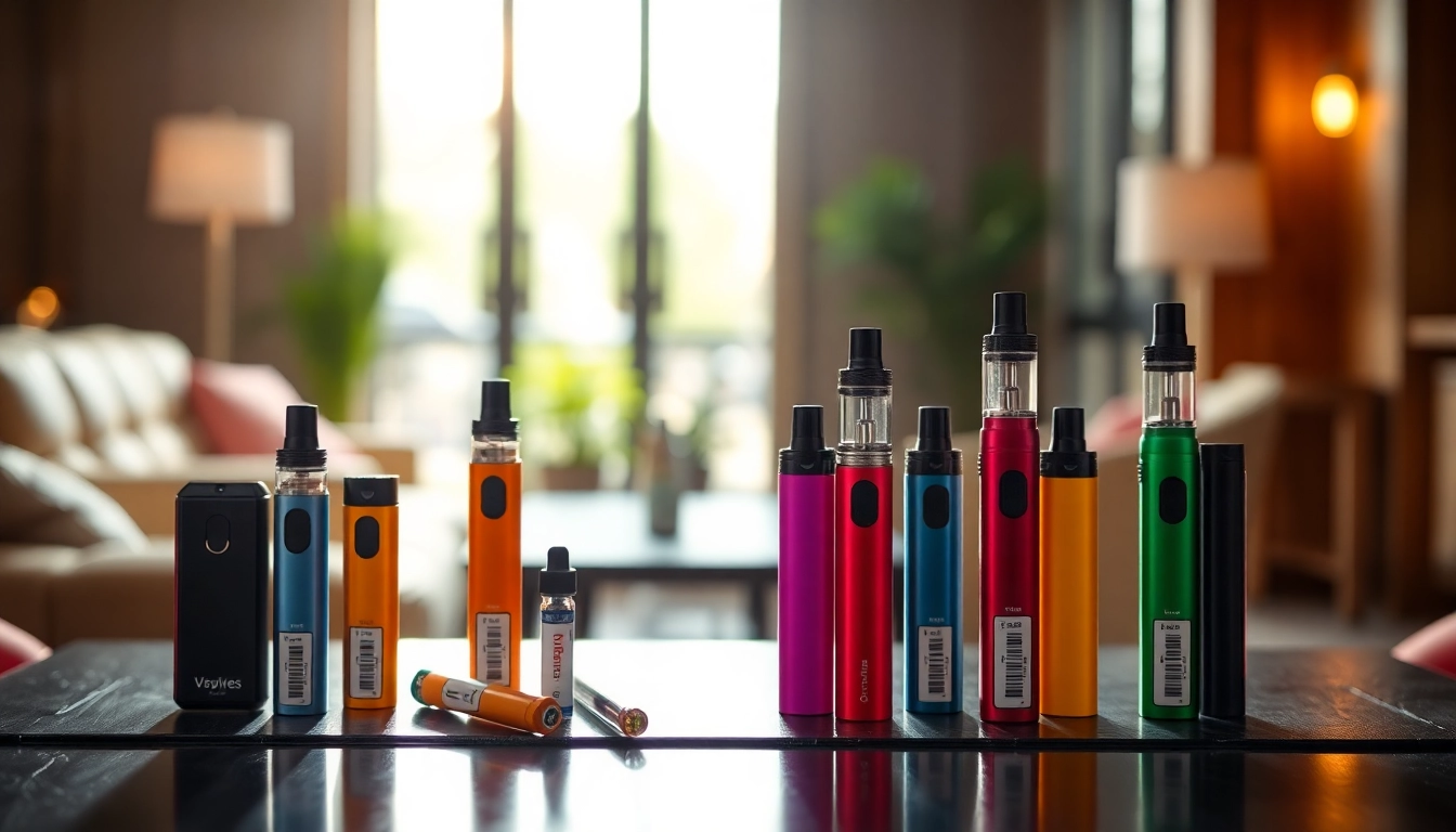 Buy disposable vapes showcasing an array of vibrant flavors and styles on a stylish table.