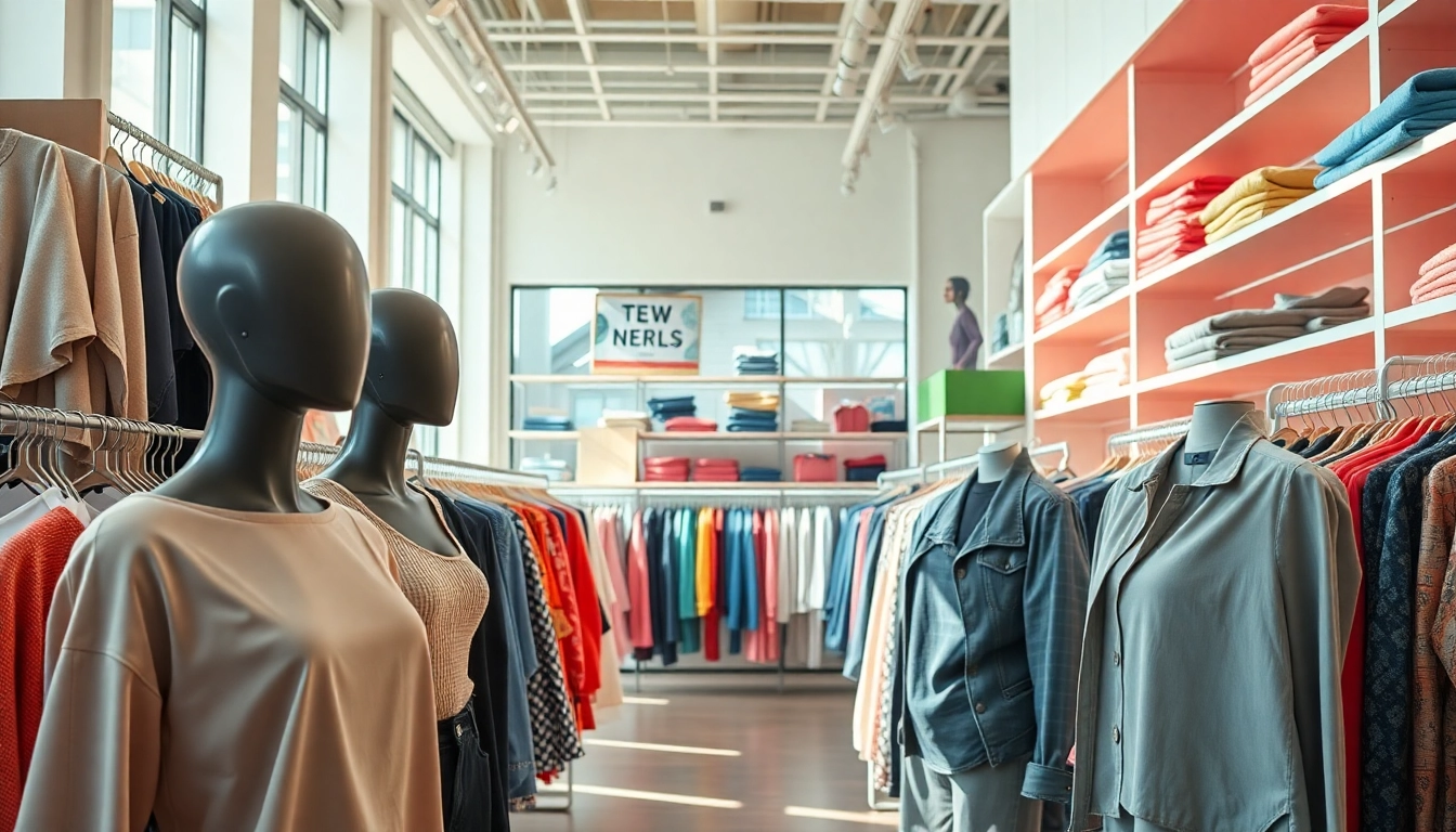 Showcase of a fashionable Clothing store with colorful apparel displayed to attract shoppers.