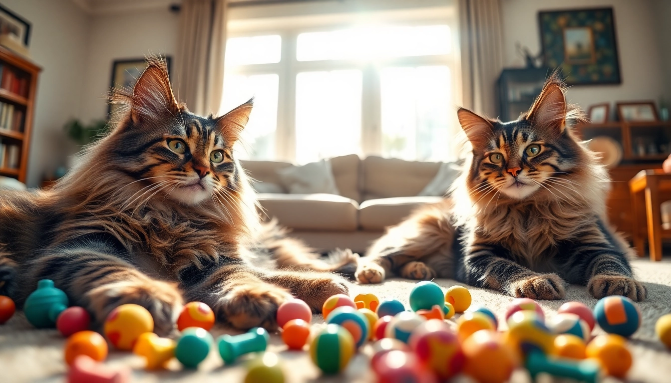 Maine Coon cats for sale Sacramento playfully lounging in a sunlit living room filled with colorful toys.