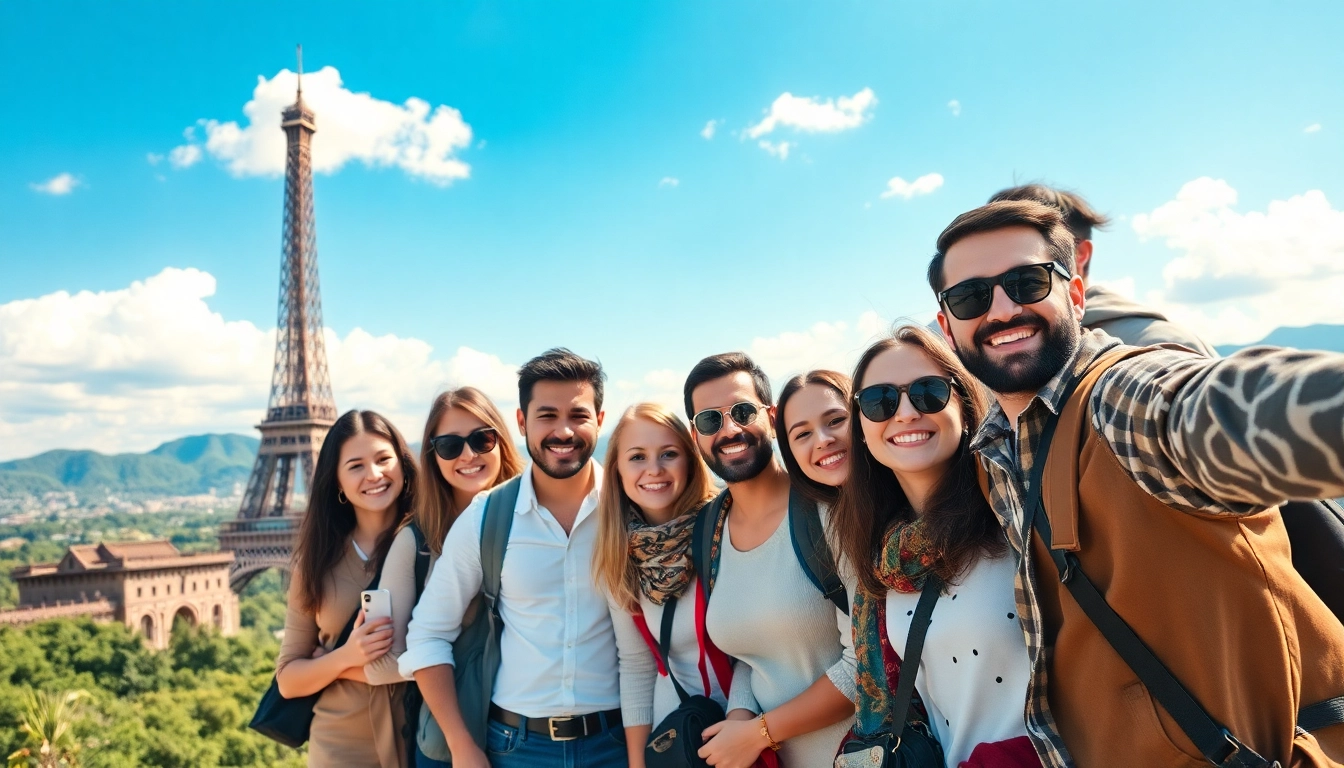 A group of friends enjoying round the world holidays, capturing joyful moments at iconic landmarks.