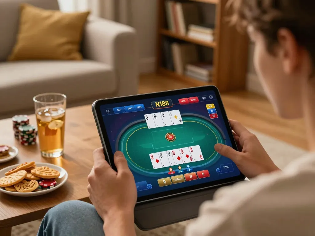 N188 player engaging in online poker on tablet at cozy home setup with warm lighting.