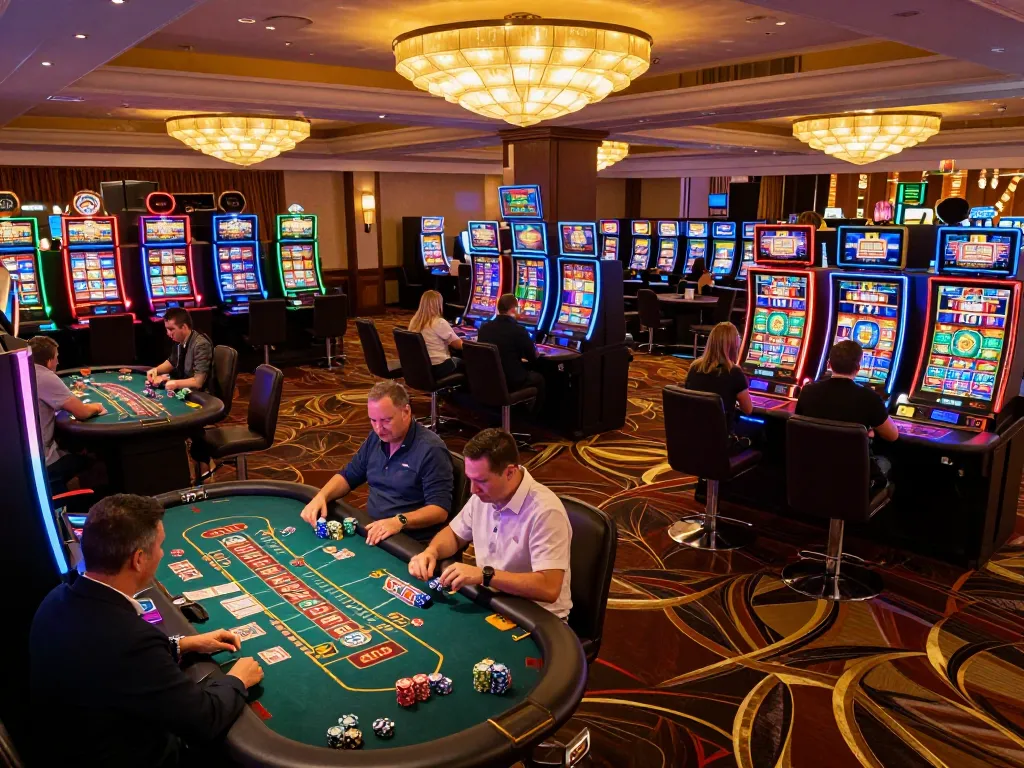 Thabet players enjoying vibrant games at a luxurious casino floor filled with slot machines.