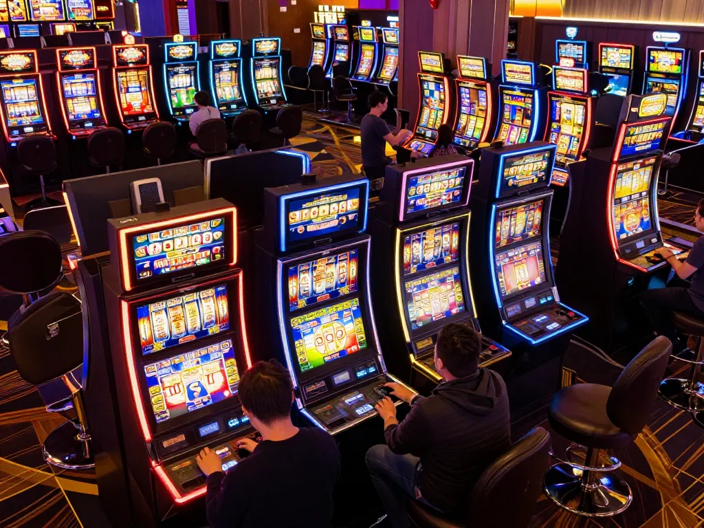 Players celebrate wins at slot machines in a lively casino atmosphere with hakobhakobyanart inspired designs
