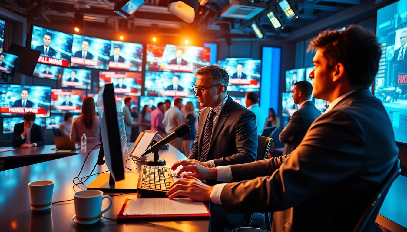 News journalist updates breaking news in a vibrant newsroom setting.