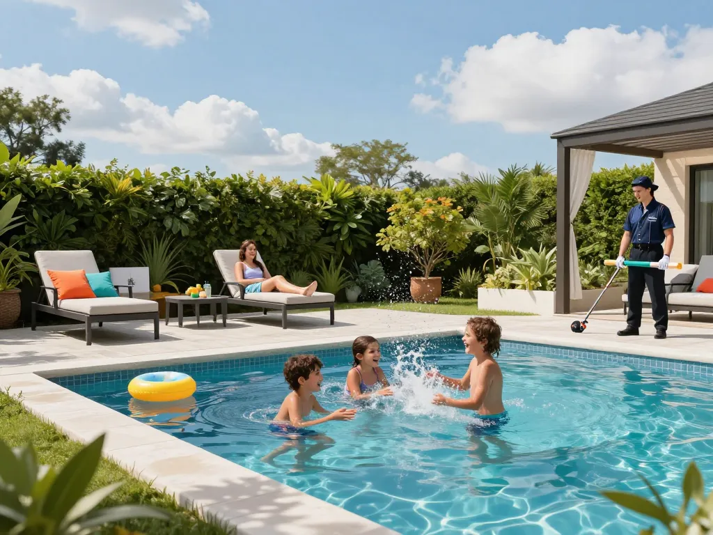 Dolphin Pool Services at a family-friendly backyard pool with kids playing and parents relaxing.