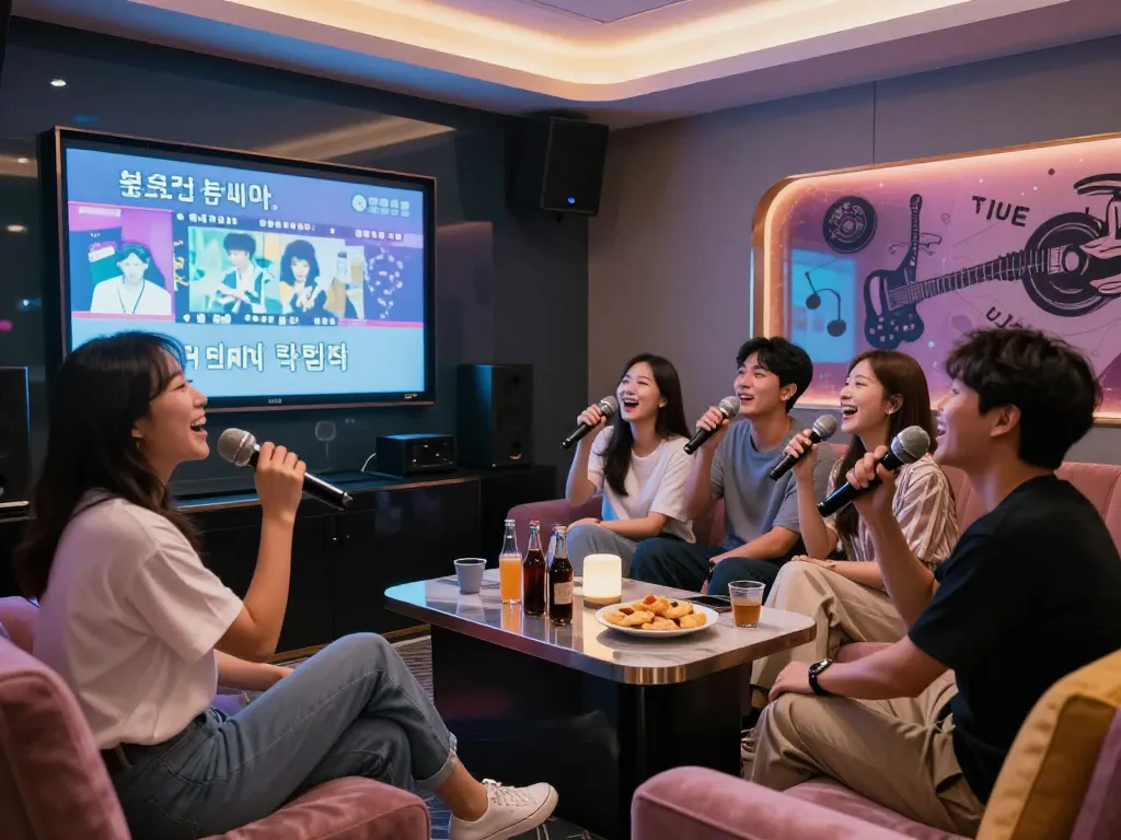 생동감 넘치는 조명과 축제 분위기의 부평쓰리노 노래방에서 즐거운 저녁을 보내는 친구들.