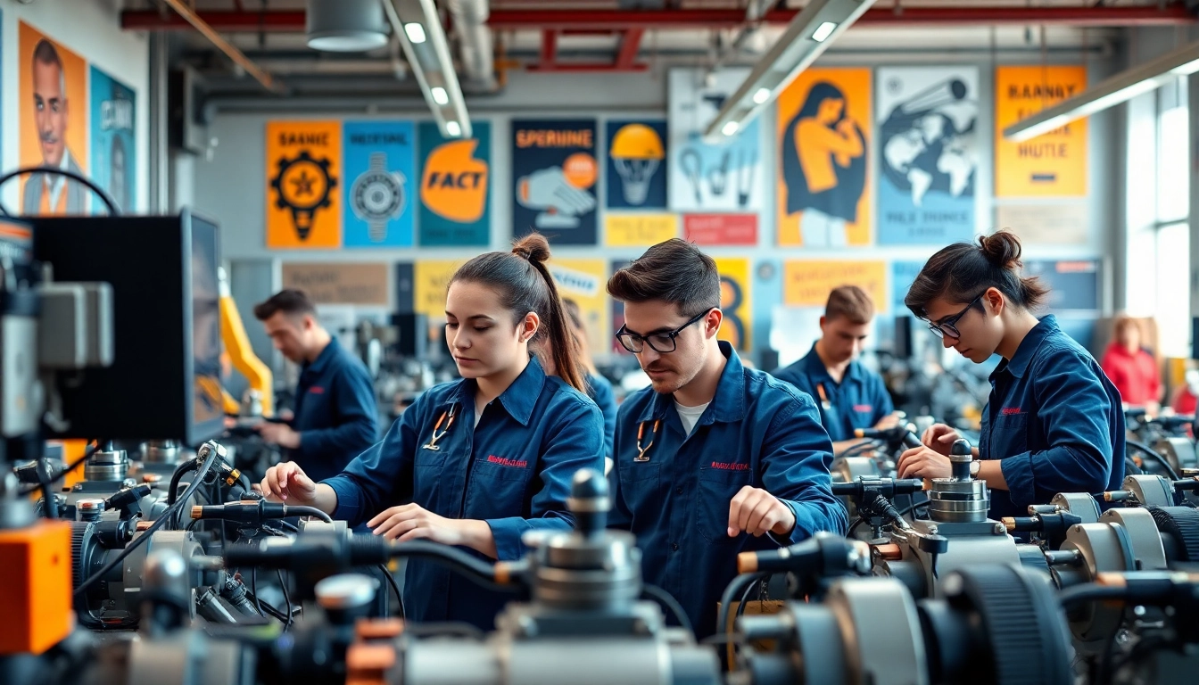 Students actively learning trades in a dynamic trade school setting filled with modern equipment.