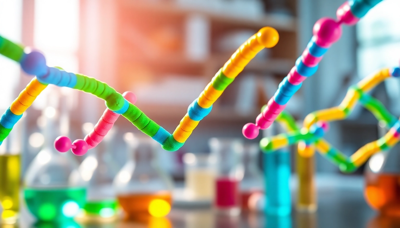 Visual representation of peptide studies and longevity research highlighting colorful peptide structures.