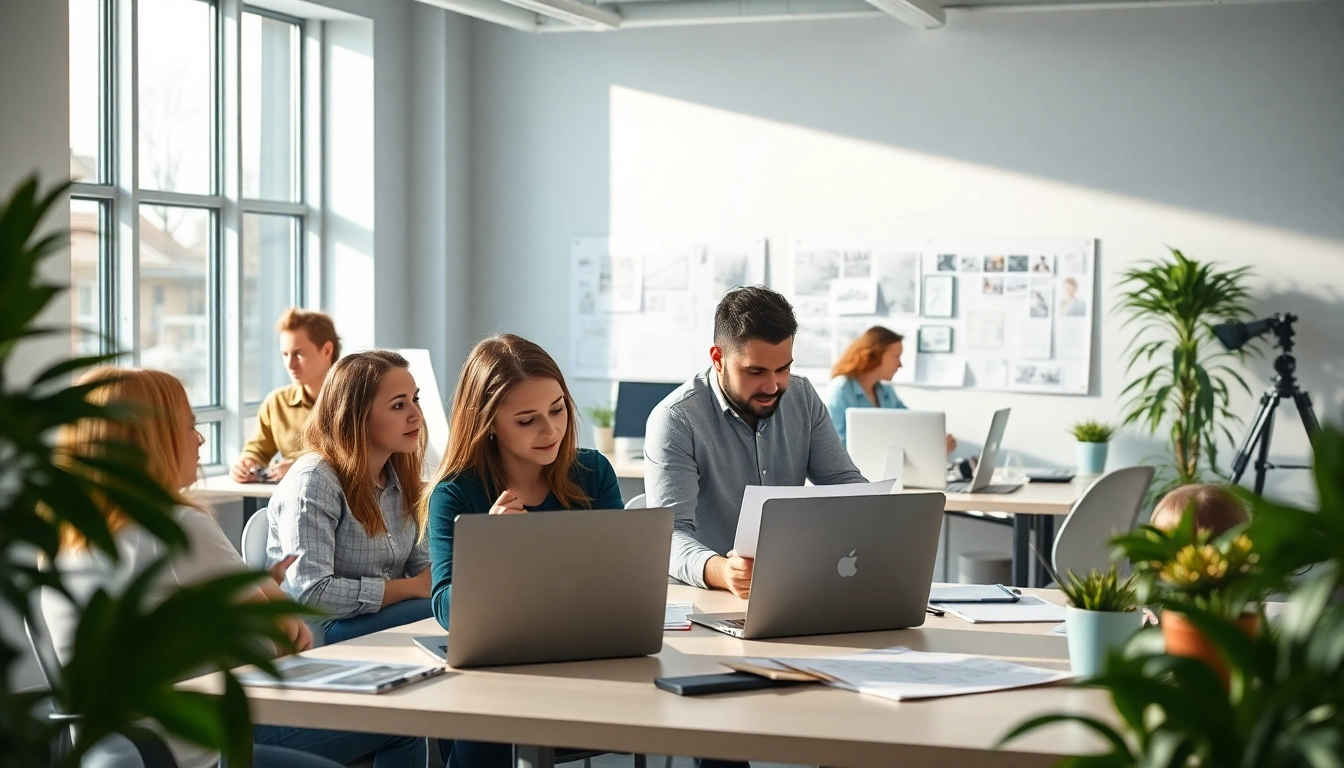 Showcasing web design essex for small business, a diverse team collaborates in a modern office.