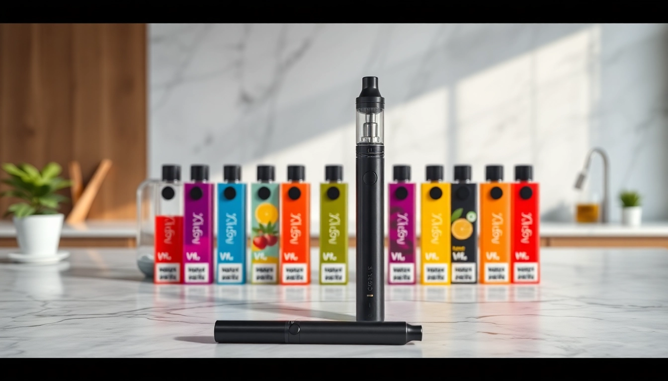Showcasing colorful disposable vapes on a marble surface, highlighting vibrant flavors and modern design.
