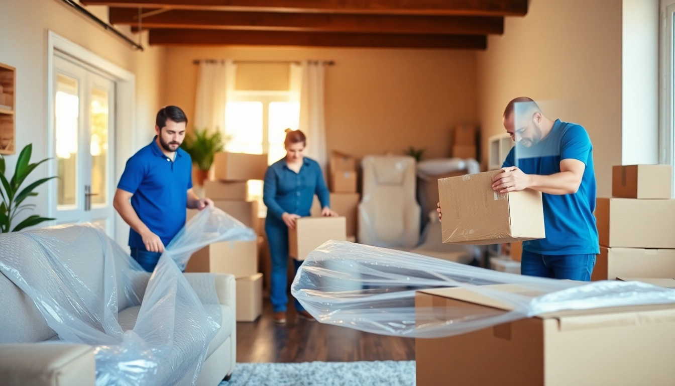 Movers and packers efficiently wrapping furniture in a bright, organized living room setting.