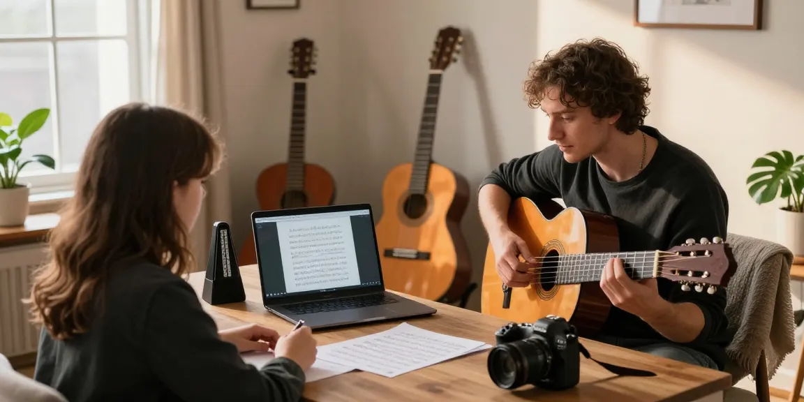 Remote Guitar Lessons with a certified instructor in a warm, inviting study setting.