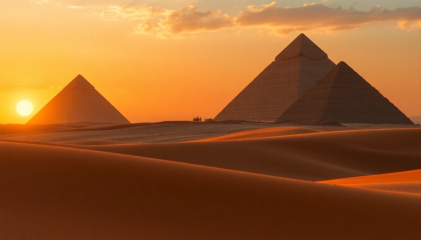 Discover piraminds at sunset with intricate details and dunes in the foreground.