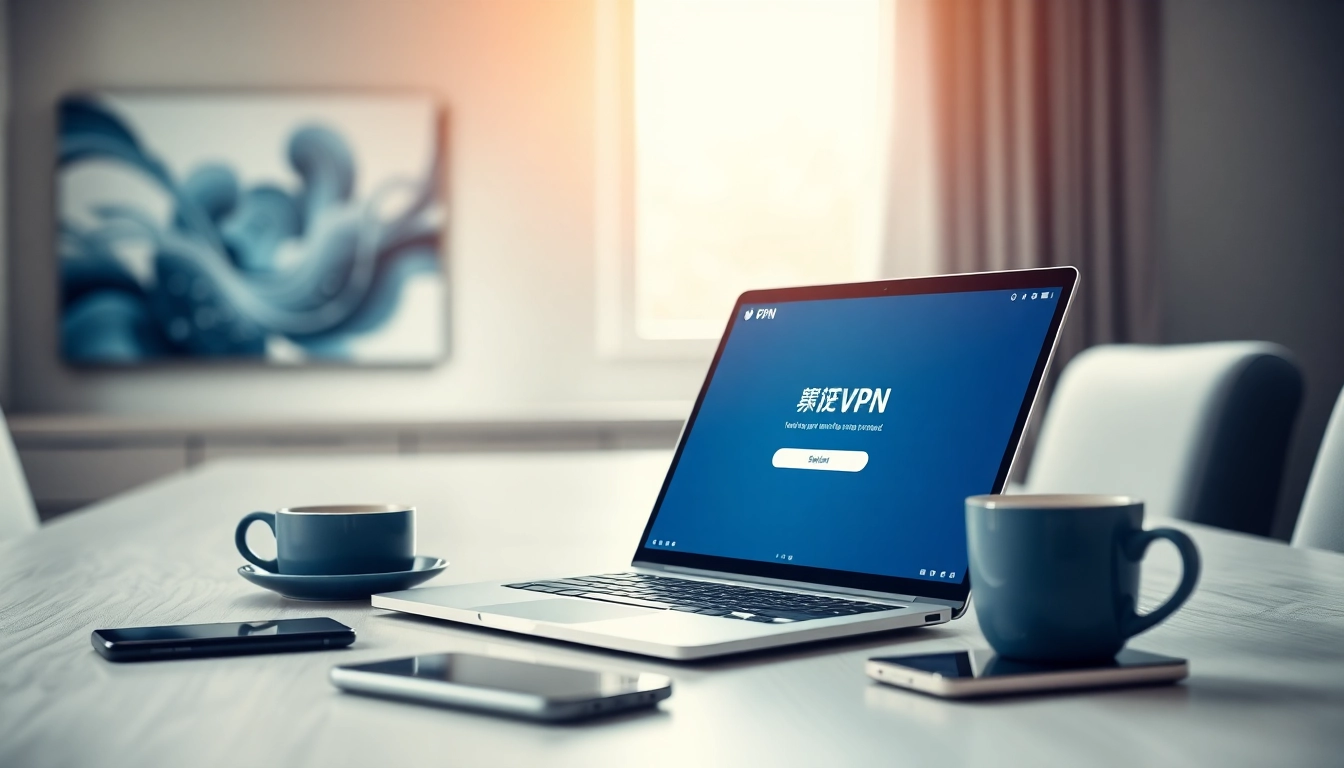 快连vpn下载 displayed on a modern laptop in a professional workspace.