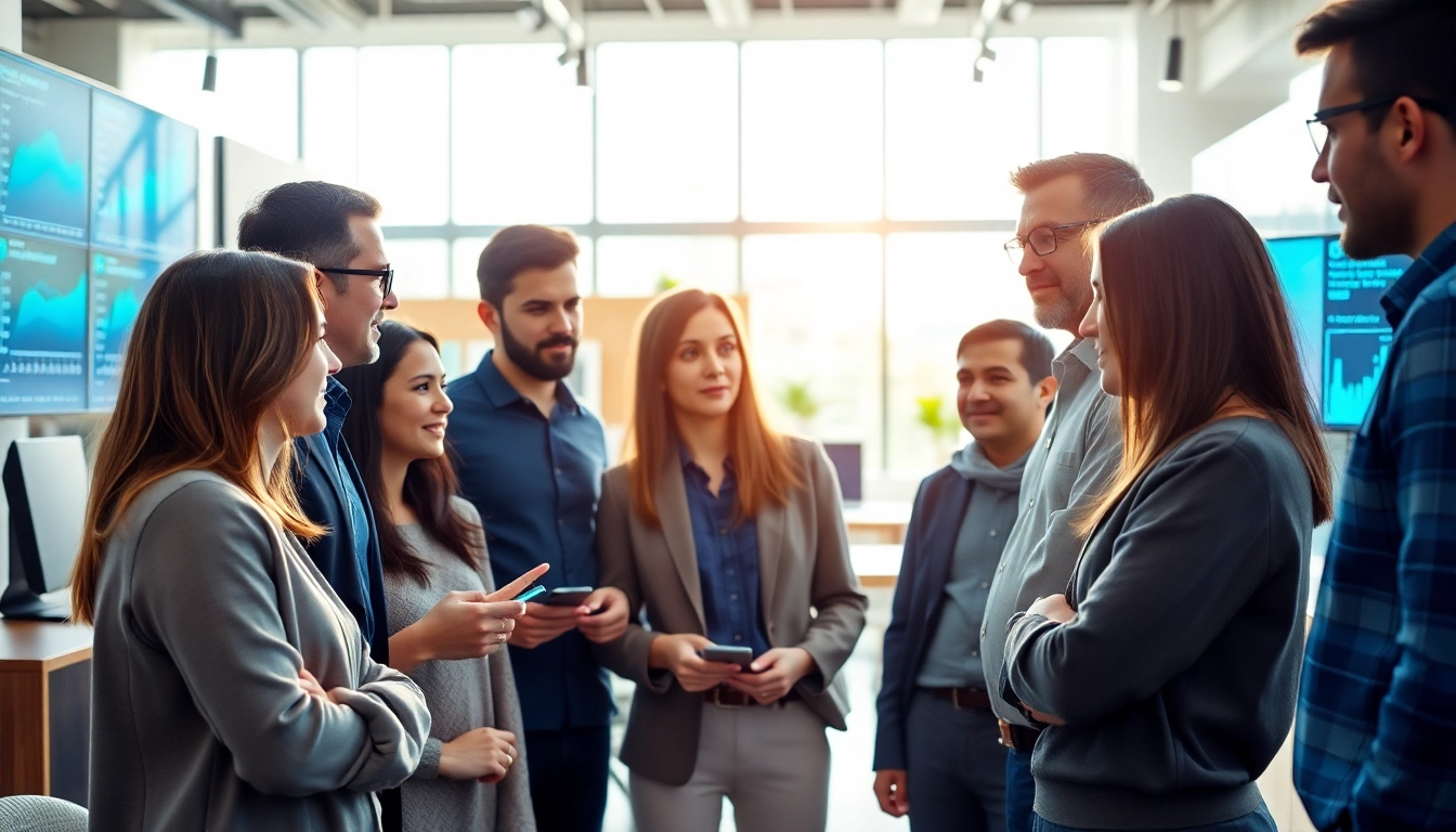IT Companies team collaborating in a modern workspace with vibrant technology displays.