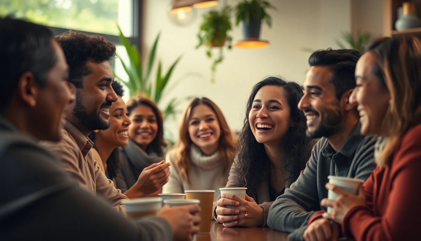 Breaking the ice meaning and origin in a cozy coffee shop with diverse people engaging in conversation.