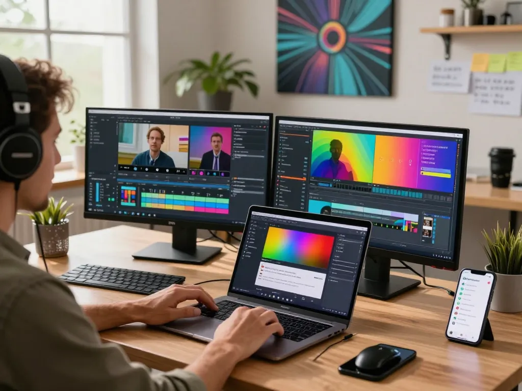 Professional working on a video to prompt AI generator, showcasing vibrant technology and dynamic workspace.