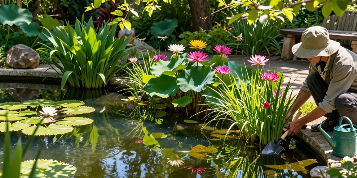 Pond Plants thriving in a vibrant garden setting with a gardener tending to water lilies, enhancing tranquility and nature.