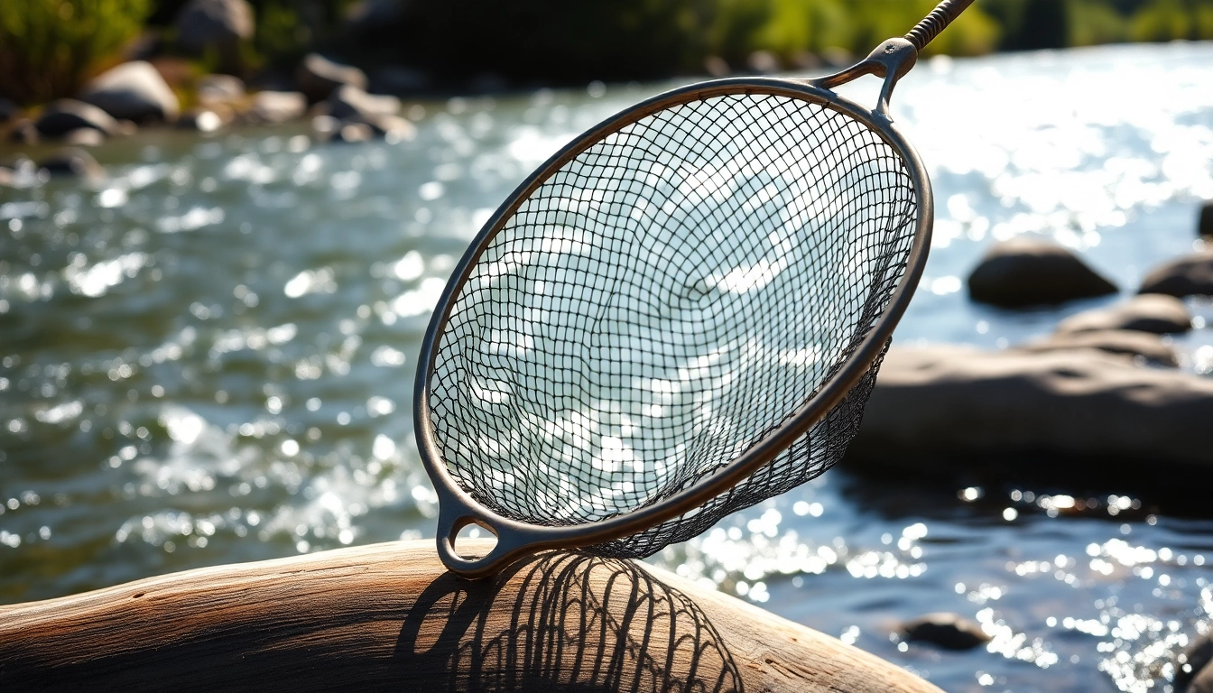 Catch a fish with a premium fly fishing net showcased in a natural riverside environment.