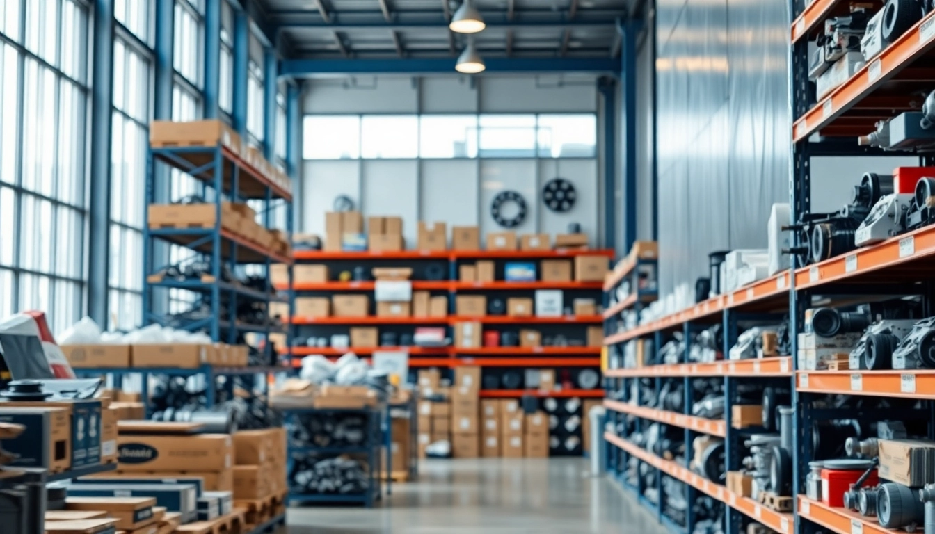 Showcase of OEM automotive parts from https://factoryoemsupply.com/ in a bright warehouse environment.