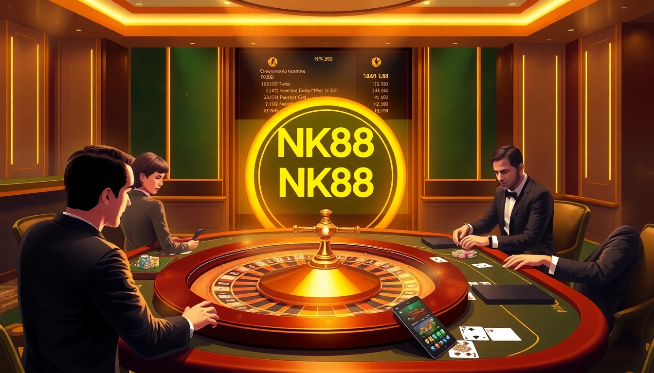 Players enjoying a high-stakes game at NK88's luxurious casino table.