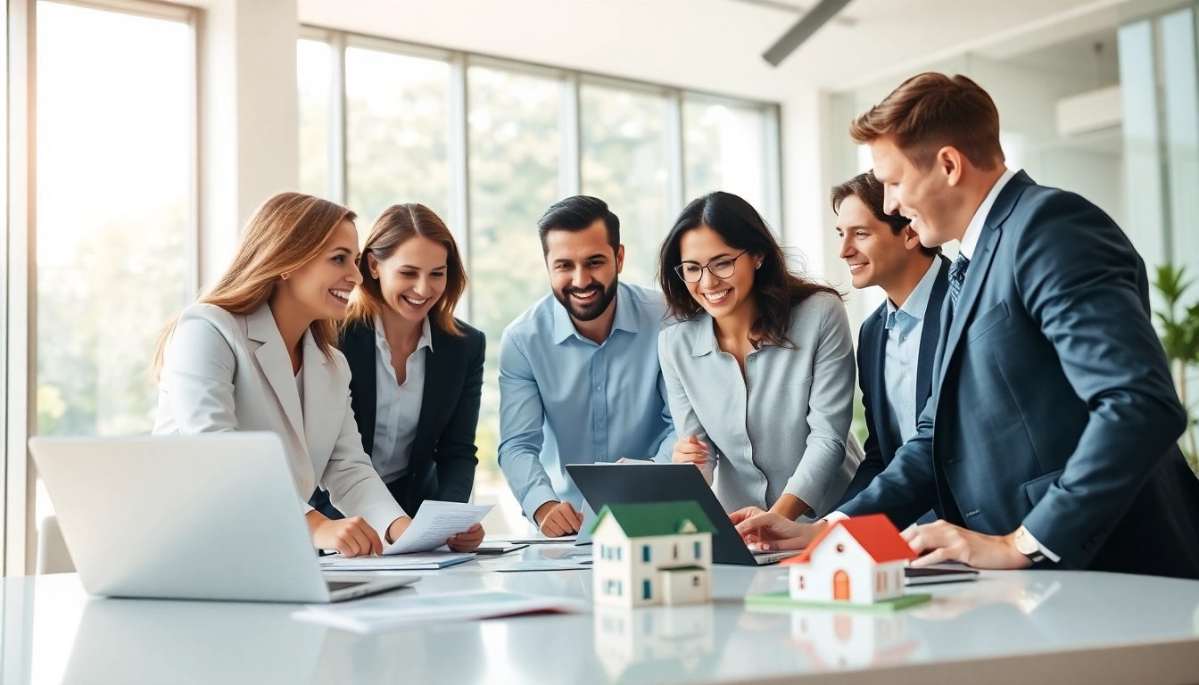 Real Estate agents collaborating in a modern office showcasing teamwork and professionalism.
