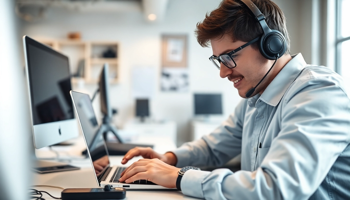 Providing computer IT support with a technician solving technical issues.