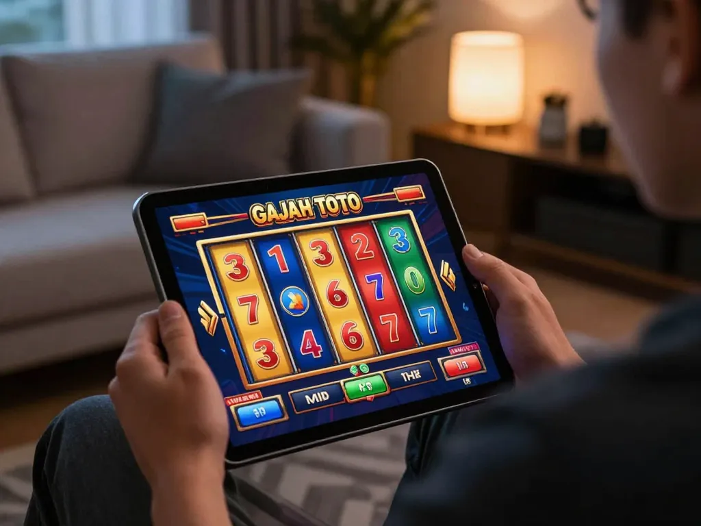 Engaging in Gajah Toto online slot gaming with vibrant reels displayed on a tablet in a cozy home setting