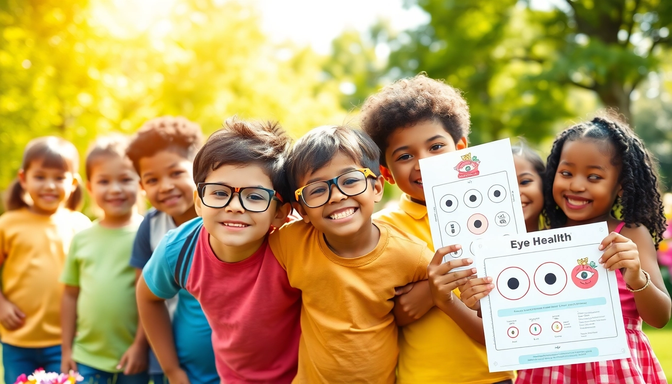 Engaging scene illustrating children's vision health with diverse kids in a park focused on Our Children's Vision.