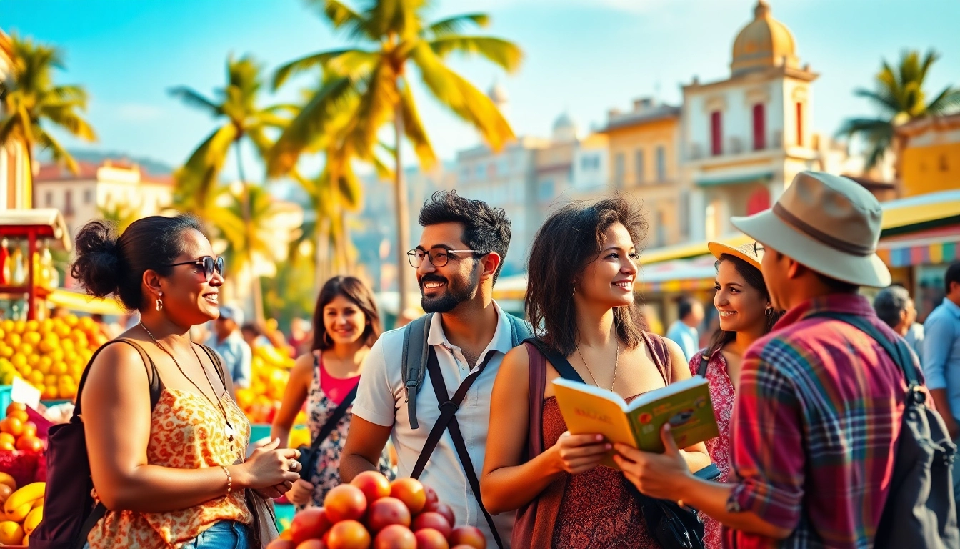 Engaging travelers sharing insights at a vibrant market, featuring https://travelingossip.com experiences.