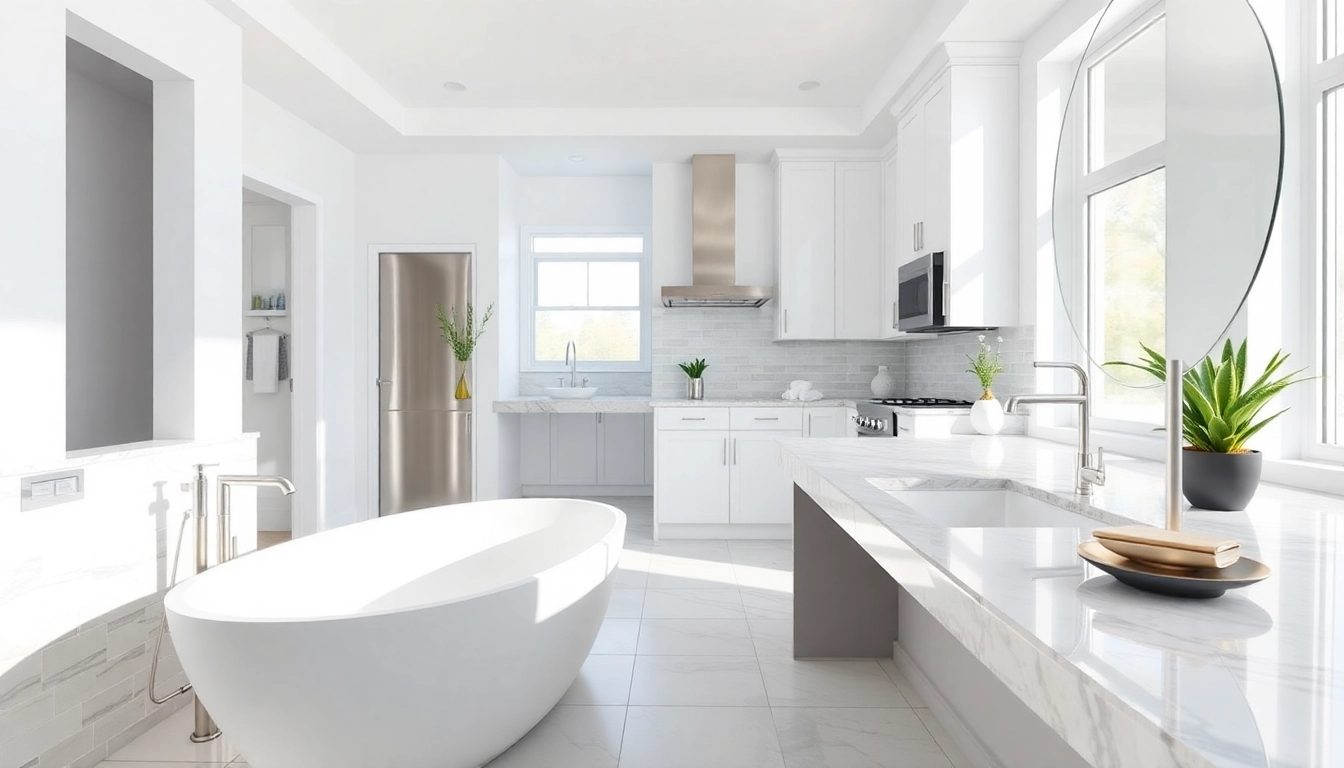 Engaging bathroom and kitchen remodeling design featuring modern aesthetics, elegant tub, and sleek appliances.