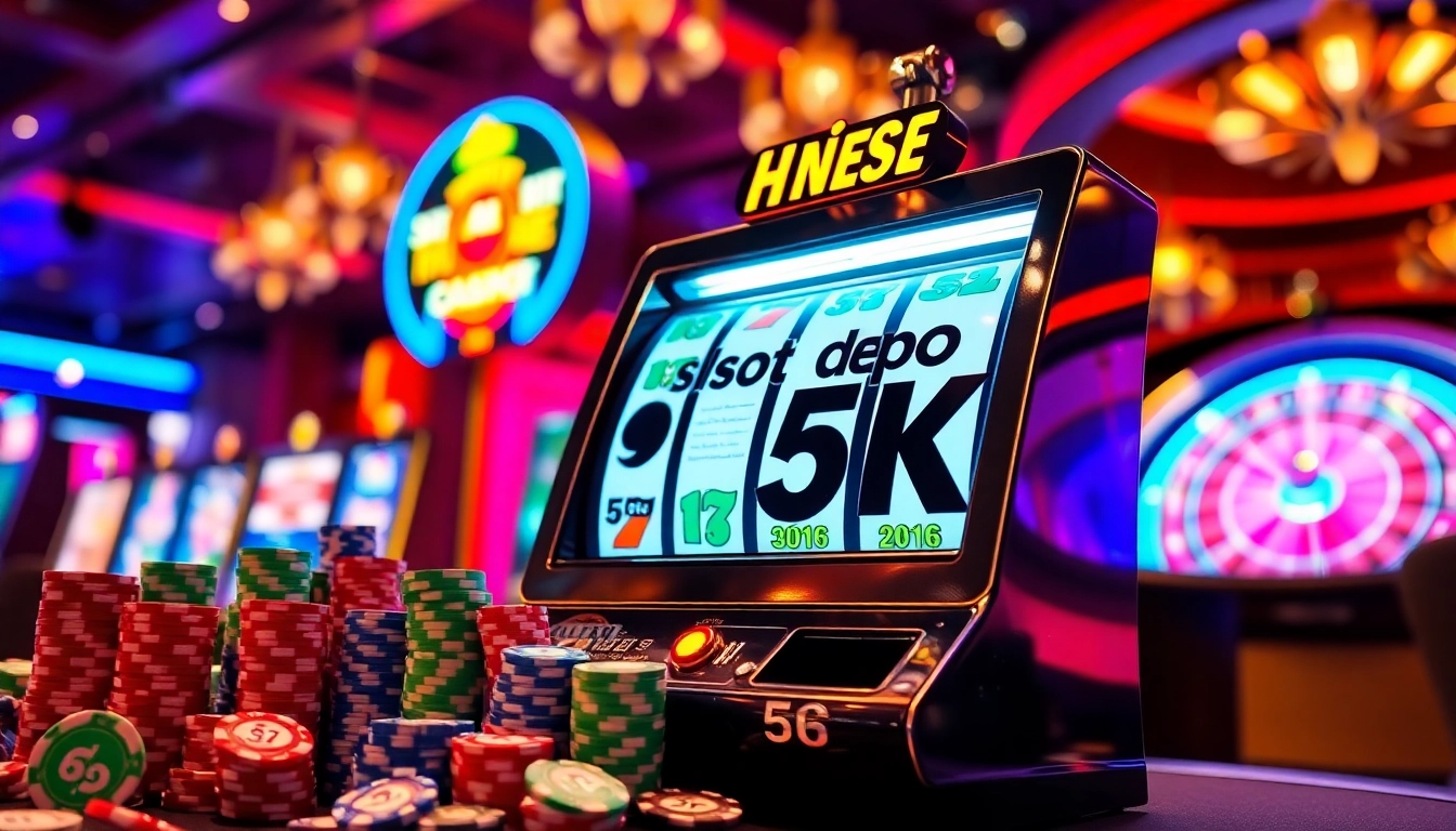 Kegembiraan di kasino slot depo 5k dengan mesin slot yang berwarna-warni dan chip poker.