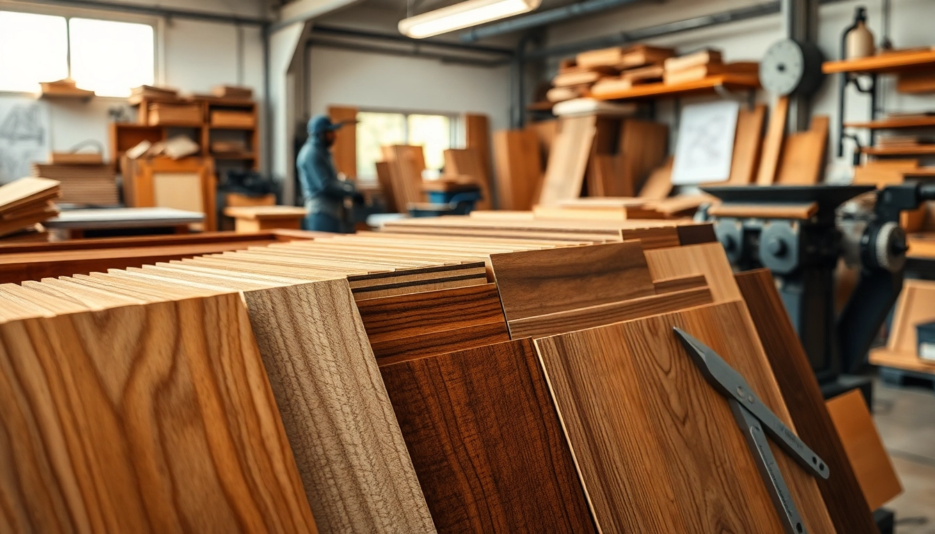 Showcasing the wood veneer hub with assorted textures and tools in a professional workshop setting.