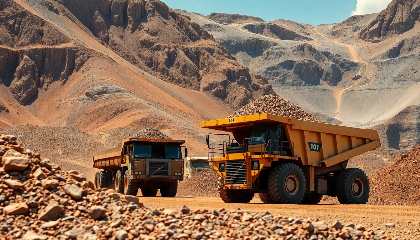 Extracting iron ore from a rugged landscape with heavy machinery, emphasizing industrial strength.