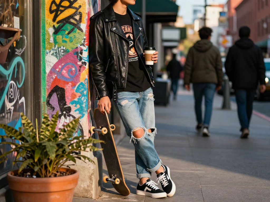 Stylish person in leather jackets enjoying urban lifestyle with coffee