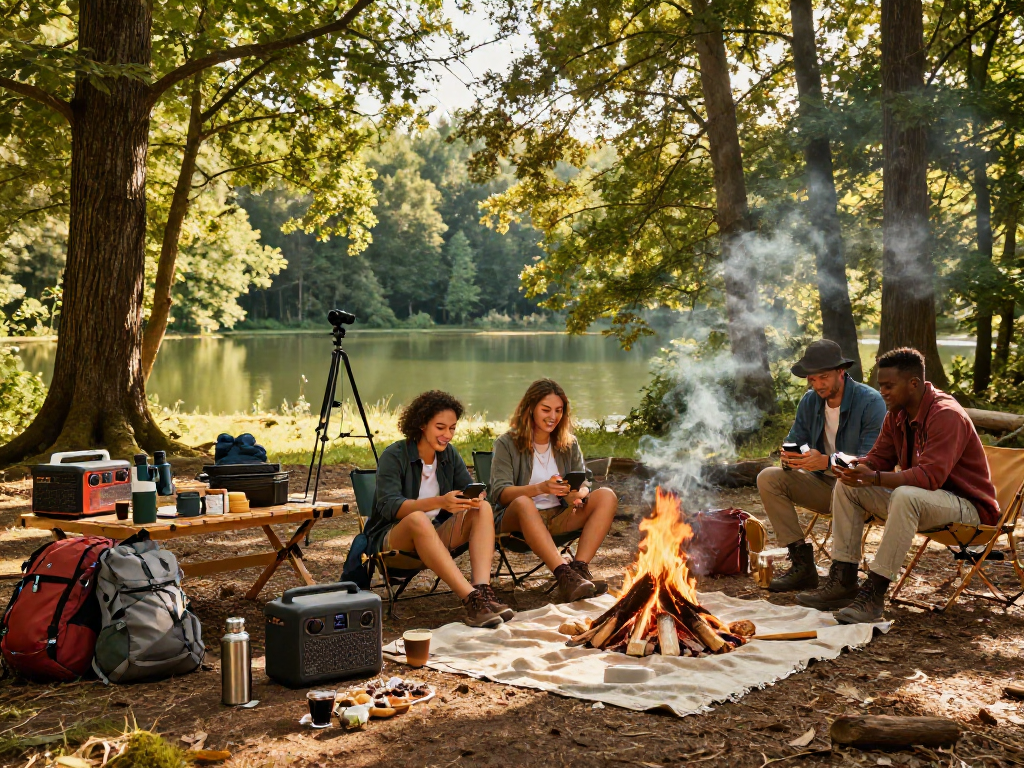 Group enjoying the outdoors with a portable power station manufacturer, charging devices during a camping trip amidst nature.