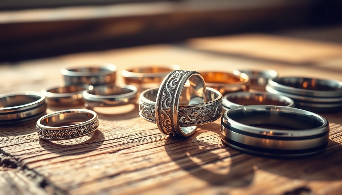 Captivating mens wedding rings displayed beautifully on a wooden surface highlighting unique designs.