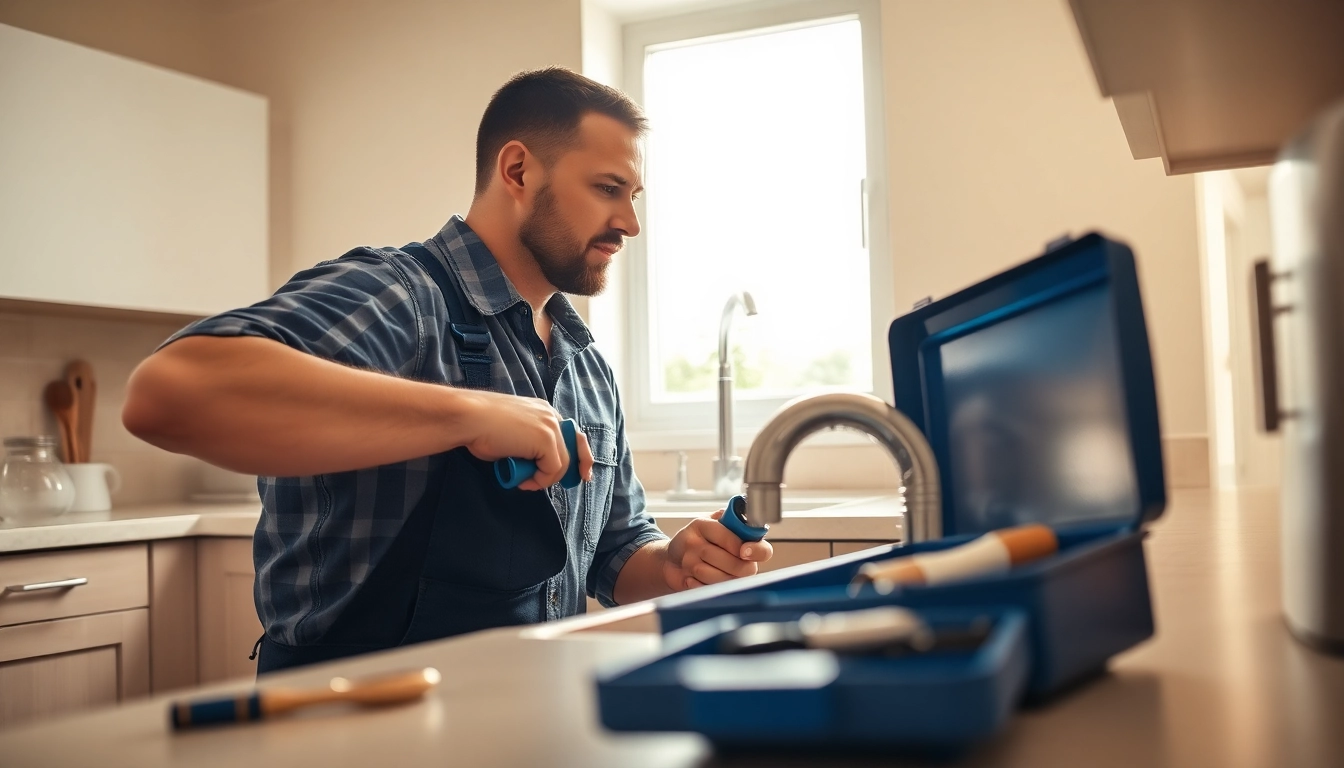 Find a reliable plumber near me fixing plumbing issues in a bright, modern kitchen.
