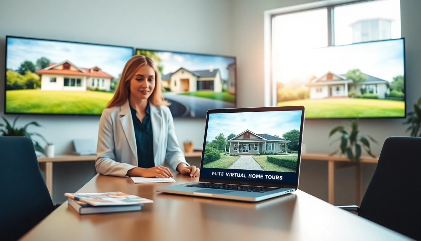 Real Estate agent showcasing properties using modern technology in a professional setting.