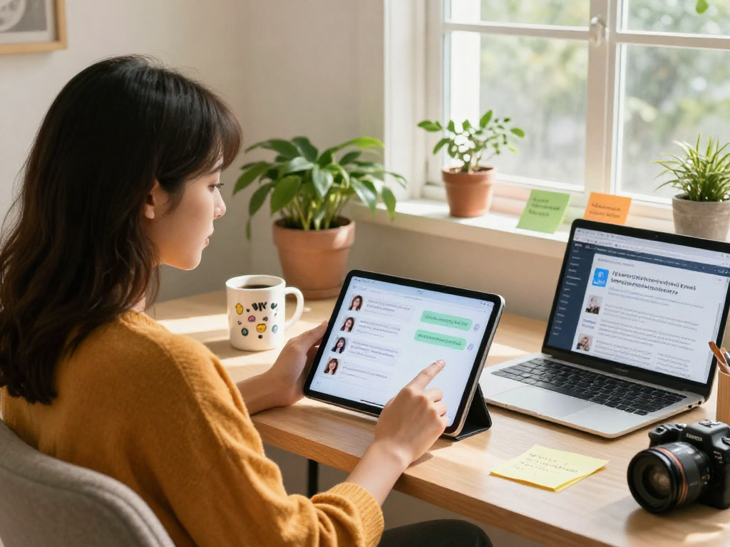 Engaging with girlfriend AI in a cozy home office setting.