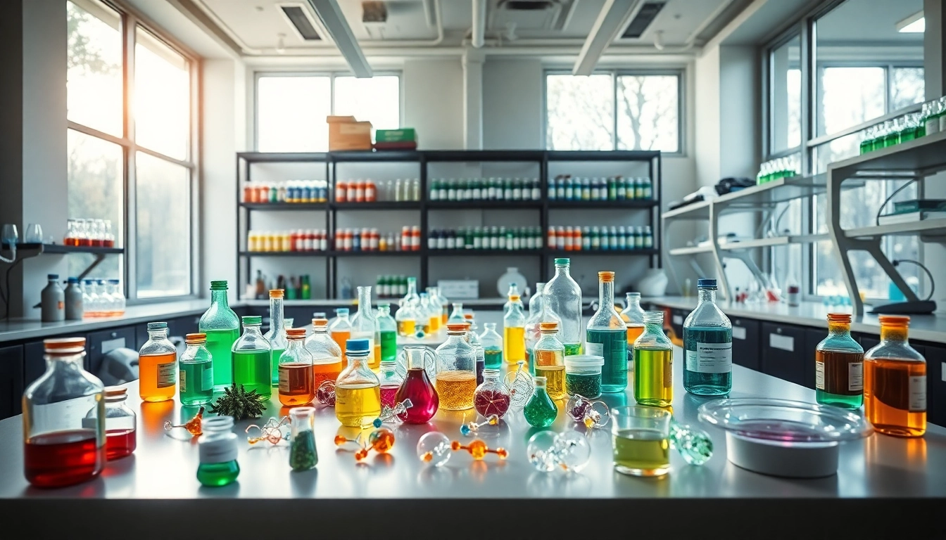 Psychedelicschemstore showcasing vibrant psychedelic compounds in a professional laboratory.