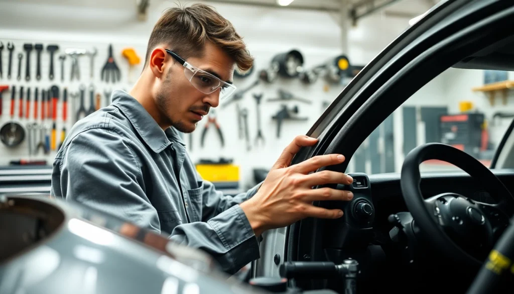 Unfallschaden reparatur berlin durch einen erfahrenen Techniker in einer gut beleuchteten Werkstatt.