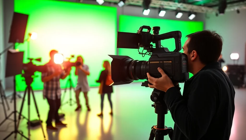 Capturing a professional video production with a crew actively filming in a modern studio.