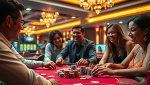 Kasinojitu menampilkan suasana kasino yang hidup dengan pemain bersemangat dan meja permainan.