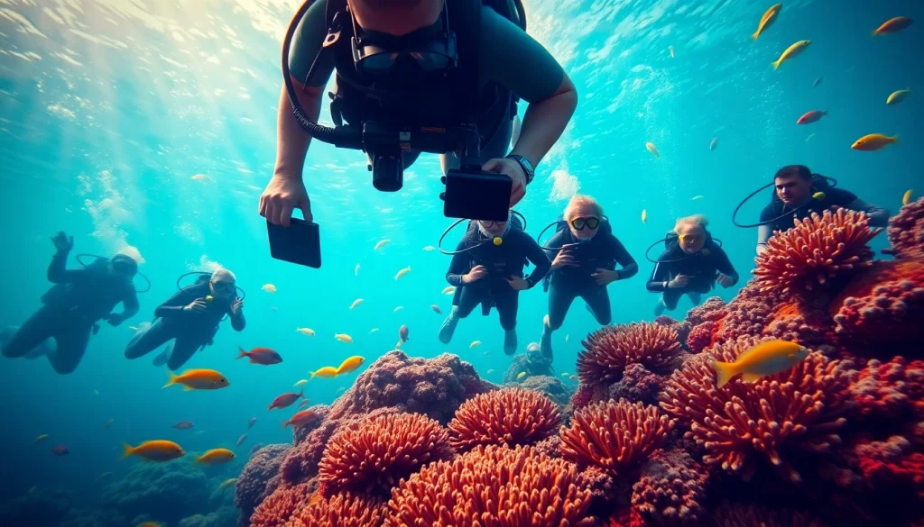 Divers from https://marvinscubaexpeditions.com exploring a coral reef while documenting marine life.