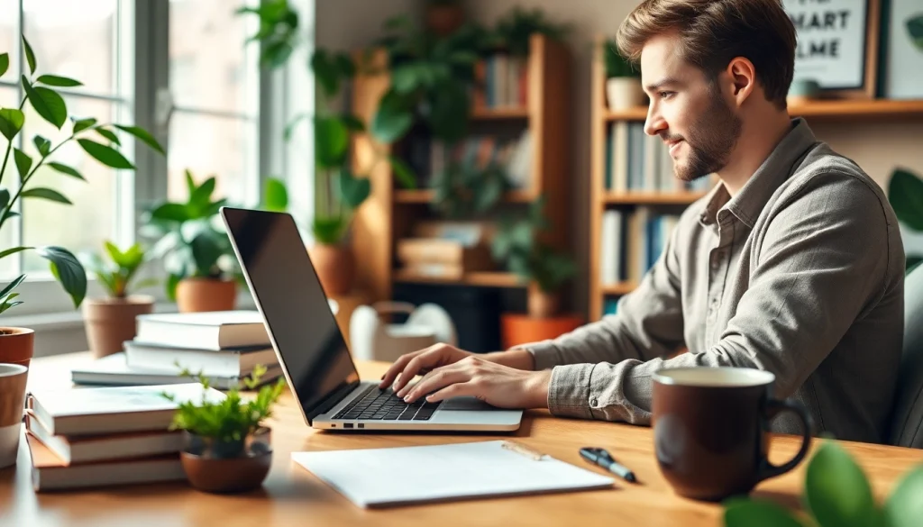 Creating engaging content on https://www.kpopangel.com in a cozy, inspiring workspace filled with greenery.